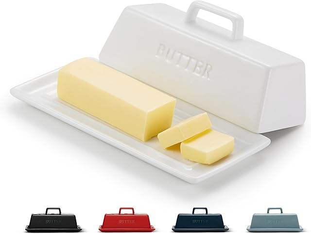 Butter Dish with Lid, by Kook, Butter Dish with Lid for Countertop, Ceramic, Butter Tray, Kitchen Butter Keeper, Butter Container, Butter Holder, Holds 1 Stick, Microwave and Dishwasher Safe, White