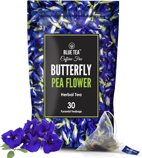BLUE TEA Butterfly Pea Flower Tea - 30 Count Pyramid Tea Bags | ANTIOXIDANT RICH | Caffeine Free | Non Bitter | Detox Tea | Herbal Tea | Zipper Pack