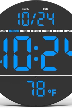 Digital Wall Clock with Large LED Display, Date, Temperature, Auto-Brightness | Small [PLUG-IN] Clock | Modern Electric Wall Clock for Bedroom, Classroom, Living Room, Home, Office, Farmhouse - Blue