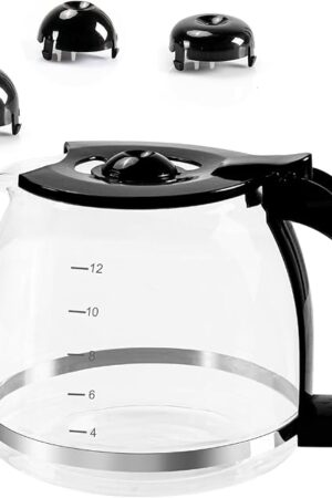 12-Cup Glass Carafe Replacement Pot for Mr Coffee, Black & Decker, Hamilton Beach, KitchenAid, Universal Coffee Maker Carafe Pot 12 Cup- 1.8L Coffee Pot with Handle & 3 Snap-On Caps in Different Sizes