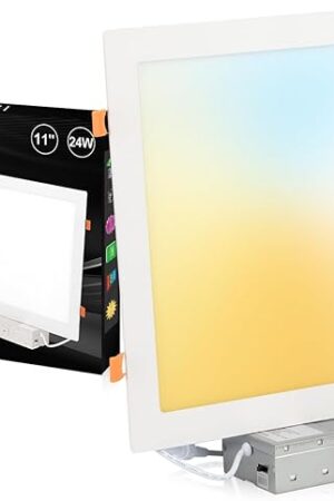 11 Inch Square LED Recessed Ceiling Light, 24W Dimmable Canless Wafer Downlight, Damp-Rated for Bathroom Basement Kitchen, Ultra Thin with Junction Box, 1920LM 5CCT 2700K-5000K, 1 Pack