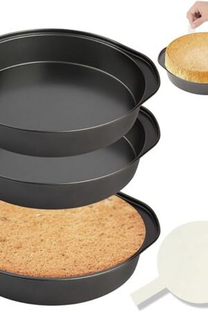 8" Round Cake Pan, 3PCS Nonstick Cake Pans with 100 PCS Parchment Paper, Carbon Steel Cake Baking Pans with Handle, Dishwasher Safe