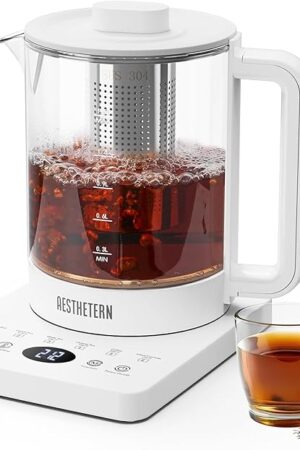 Electric Tea Kettle with Infuser Temperature Control and Automatic Shut Off 24 H Keep Warm for Coffee Water Heater and Tea Pot Glass White 1.5L