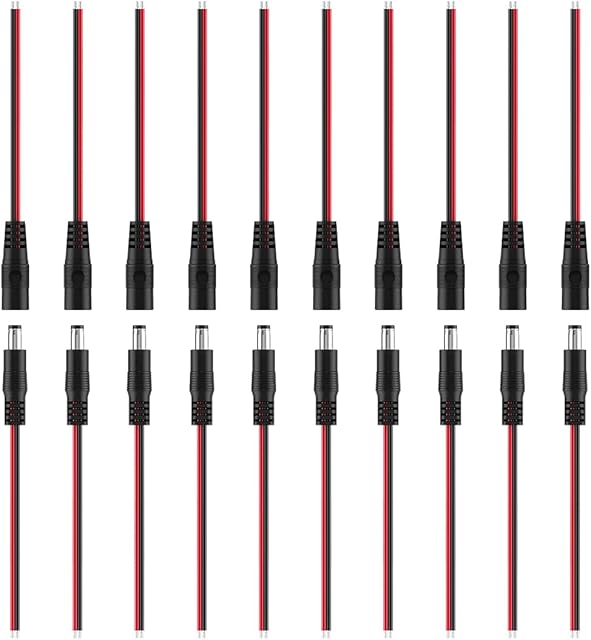 BTF-LIGHTING 10 Pairs 16cm 20AWG Barrel Plug Connector 5.5mm x 2.1mm Male/Female to Wire DC Power Pigtail Cable Connector Plug for 2PIN FCOB COB LED Strip Lights