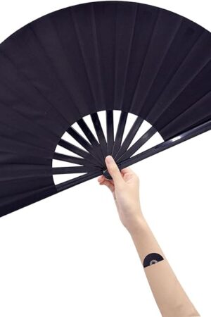 Amajiji Large Folding Fan, Chinease/Japanese Folding Nylon-Cloth Hand Fan, Women Hand Folding Fans Hand Fan Gift fan Craft fan Folding Fan Dance Fan (Black)