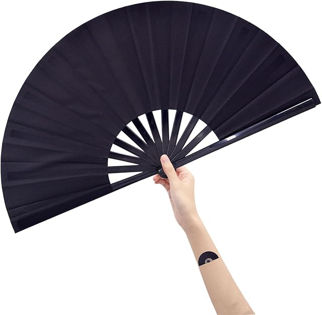 Amajiji Large Folding Fan, Chinease/Japanese Folding Nylon-Cloth Hand Fan, Women Hand Folding Fans Hand Fan Gift fan Craft fan Folding Fan Dance Fan (Black)