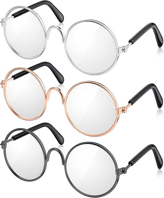The 3 Pairs Doll Glasses Metal Wire Rim Clear Lens Eyewear Fabric Doll Dress Up Eyeglasses Mini Dolls Costume Accessories for 8 Inch Doll and Other Item Plush(3.74 Inch, Fits for 18 Inch Doll and Dog)