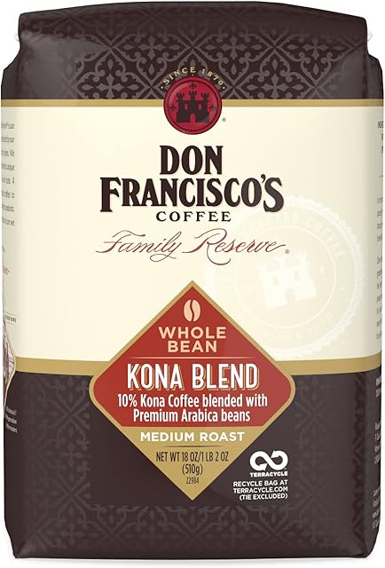 Don Francisco's Kona Blend Medium Roast Whole Bean Coffee - Delicate Flavor for Drip, Pour Over, and French Press (18 oz Bag)