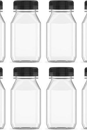 8 Pcs 8 Ounce Plastic Juice Bottle Drink Containers Juicing Bottles with Black Lids, Suitable for Juice, Smoothies, Milk and Homemade Beverages