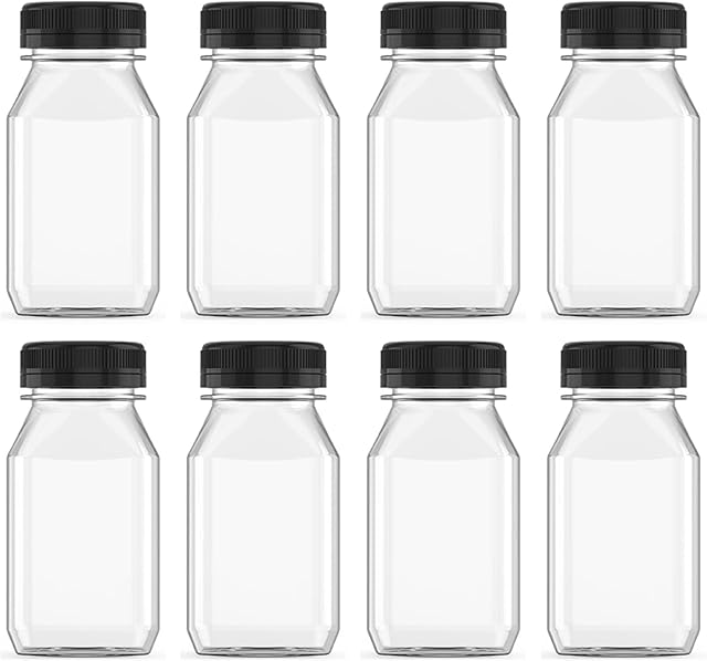 8 Pcs 8 Ounce Plastic Juice Bottle Drink Containers Juicing Bottles with Black Lids, Suitable for Juice, Smoothies, Milk and Homemade Beverages