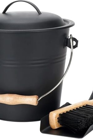 1.5-Gallon Metal Ash Bucket with Lid, Shovel, Broom - For Fireplaces, Wood Stoves