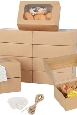 24 Pcs Cookie Boxes with Window for Paper Gift Giving Brown Bakery Gift Boxes 9 x 6.3 x 3 Inch, Easy Estate Holiday Packaging for Cookie, Cupcaked, Donuts & Pastries