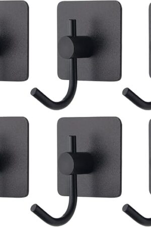 VAEHOLD 6 Pack Adhesive Wall Hooks, Heavy Duty Sticky Holder Aluminum Towel Hooks for Hanging Coat, Hat, Key, Clothes, Closet Hook Wall Mount for Kitchen, Bathroom, Office (Black)