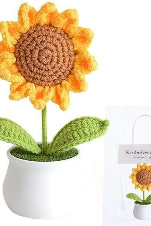 Crochet Flowers Artifical Sunflower for Office Desk Car Dashboard Decor Motivational Gifts for Women Handmade Knitted Flowers Birthday Christmas Party Home Decoration (Sunflower)