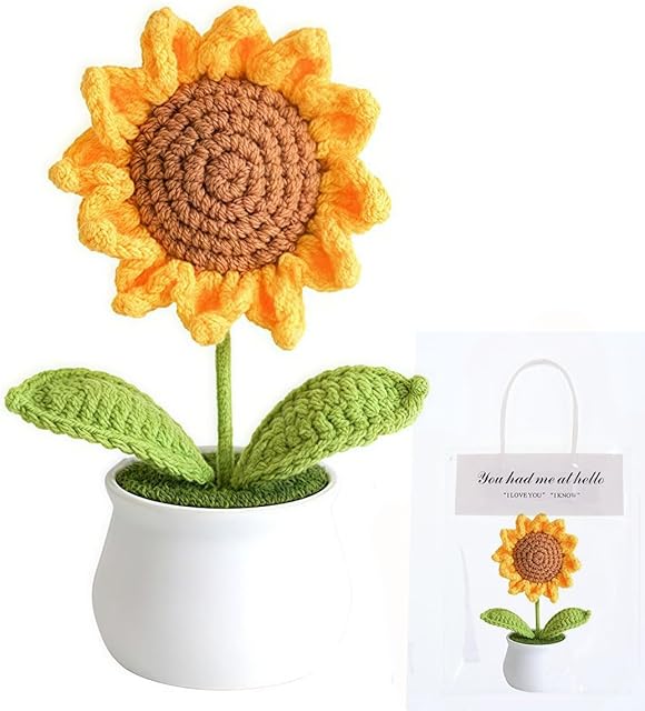 Crochet Flowers Artifical Sunflower for Office Desk Car Dashboard Decor Motivational Gifts for Women Handmade Knitted Flowers Birthday Christmas Party Home Decoration (Sunflower)