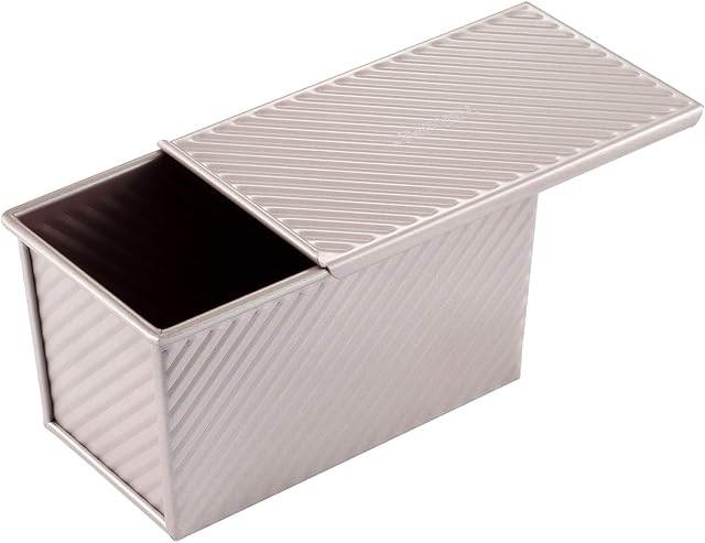 CHEFMADE Pullman Loaf Pan with Lid, 1Lb Dough Capacity Non-Stick Rectangle Corrugated Toast Box for Oven Baking 4.2" x 7.7"x 4.4"(Champagne Gold)
