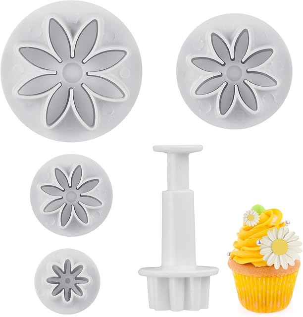 Daisy Fondant Cutter, 4PCS Flower Plunger Cutters, 8Petals Daisy Cookie Cutter, Flower Cookie Cutter, Summer Cookie Cutters, Decorating Mold Tools for Biscuits, Sugar Cubes, Chocolate
