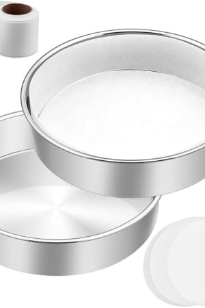 8 Inch Cake Pan Set of 2, E-Far Stainless Steel Round Layer Cake Baking Pans with Parchment Rounds & Side Liner Roll, Non-Toxic & Healthy Metal Cakes Tin, Straight Side & Dishwasher Safe