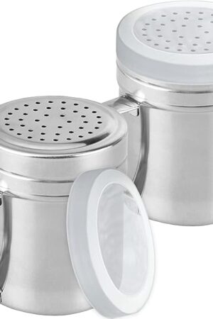 CUSINIUM Metal Salt Pepper Dredge Shakers - With Handle - Seasonings Spice Shakers With Holes and Lids - 10 Ounce, 2pcs | Style: Medium