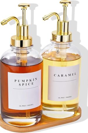 Coffee Syrup Dispenser for Coffee Bar, Coffee Syrup Pump Dispenser, Glass Syrup Bottle with Gold Upgraded Pump, 2 Pack 16.9 oz 500 ml Syrup Dispensers, 28 Labels and Bamboo Tray