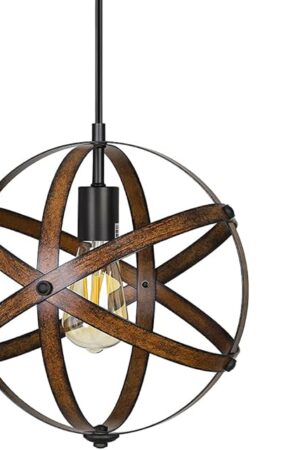 DEWENWILS Plug in Pendant Hanging Light, Wood Grain Industrial Style Metal Globe Vintage Ceiling Light Fixture with 15FT Cord and ON/Off Switch for Kitchen Island, Bedroom