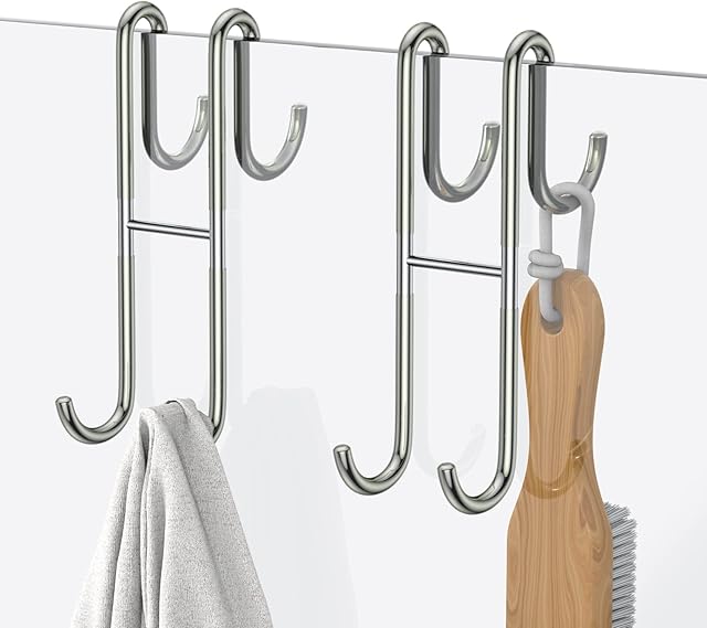 304 Stainless Steel Over Shower Glass Door Hook, Silver Shower Door Hooks 2 Pack, Drilling-Free