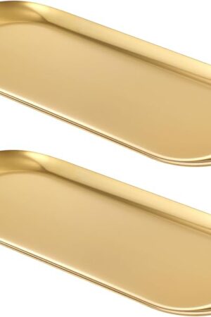 2PACK Gold Decorative Tray, Bathroom Vanity Tray for Dresser Counter, Stainless Steel Jewelry Dish Tray for Decor, Perfume Ring Key Candle Organizer Tray, Oval