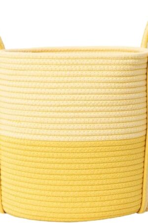 Cotton Rope Laundry Basket with Handles, 40L Woven Collapsible Storage Hamper for Kids, Nursery, Bedroom & Laundry Room - Multi-Color Dopeamine Design, Basket for Clothes, Toys& Blankets (Yellow)