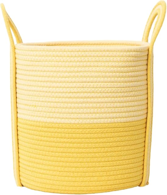 Cotton Rope Laundry Basket with Handles, 40L Woven Collapsible Storage Hamper for Kids, Nursery, Bedroom & Laundry Room - Multi-Color Dopeamine Design, Basket for Clothes, Toys& Blankets (Yellow)
