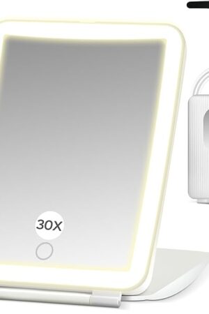 2 in 1 64 LED Travel Magnifying Mirror with Light, 30X/1X Lighted Makeup Mirror, 3 Colors Dimmable Lighting Folding Cosmetic Vanity Mirror, Handheld/Compact/Portable