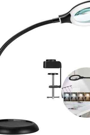 10X Magnifying Glass with Light and Clamp, 5 Color Modes Stepless Dimmable Lighted Magnifier with Stand, Flexible Gooseneck LED Desk Lamp Hands Free for Craft Reading Painting Hobby Close Work