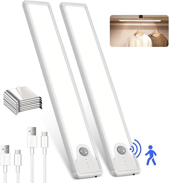 8 Inch Under Cabinet Lights, Upgraded 41 LED Rechargeable Magnetic Motion Sensor Light Indoor, Brightness Dimmable 6500K Stepless Dimming Closet Light, for Under Counter, Kitchen, Closet, 2 Packs