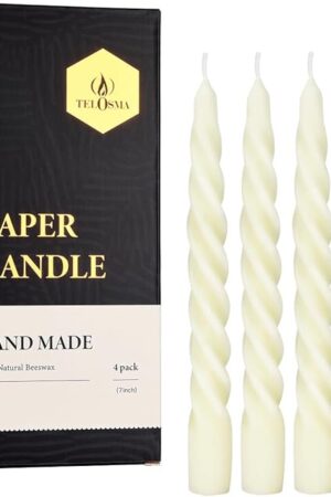 Beeswax Taper Candles Set of 4,Spiral Taper Candle Dripless Short Candle Sticks for Dinner Wedding Party Christmas Home Decorations - 7 inch in Height- Off White