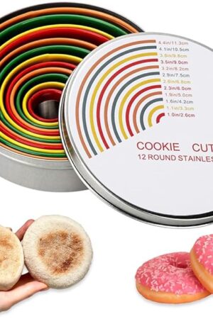 12 Pcs Donut Cookie Cutter Set Come With Storage Box,Stainless Steel Circle Round Cookie Cutters for Doughnuts,Biscuit,english muffin,Fondant cutters circles,Pastries,Pudding cutter rings