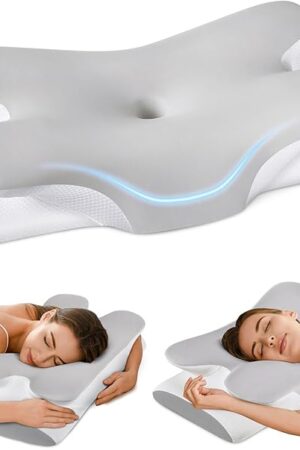 Cervical Neck Pillow for Neck Shoulder Pain Relief, Soft Contour Side Sleeper Pillow of 2 Heights, Odorless Q-max Cooling Memory Foam Orthopedic Bed Pillow for Back Stomach Sleeper