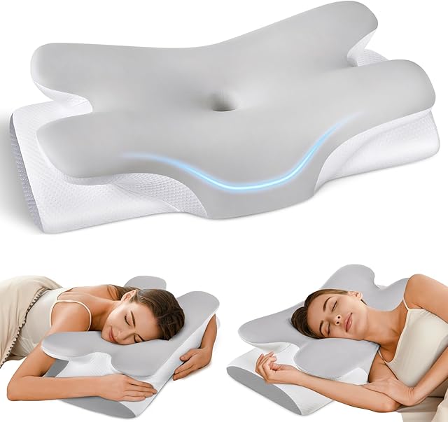 Cervical Neck Pillow for Neck Shoulder Pain Relief, Soft Contour Side Sleeper Pillow of 2 Heights, Odorless Q-max Cooling Memory Foam Orthopedic Bed Pillow for Back Stomach Sleeper