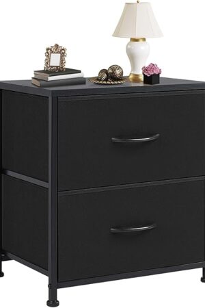 DUMOS Nightstand Small Dresser with 2 Fabric Drawers Side Tables Bedroom End Table Bedside Storage Furniture for 20 inch Tall Night Stand for Entryway, College Dorm, Classic Black