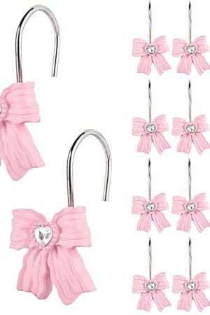 12PCS Shower Curtain Hooks Rings,Pink Bow Resin Curtain Hooks Shower Rings for Bathroom Baby Room Nursery Art Decors