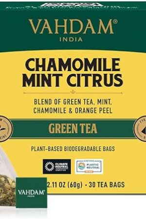 VAHDAM, Chamomile Mint Citrus Green Tea Bags (30 Count) Low Caffeine, Non GMO, Gluten Free | Sweet & Floral | Resealable Ziplock Pouch | Individually Wrapped Chamomile Tea Bags