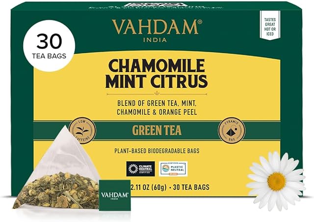 VAHDAM, Chamomile Mint Citrus Green Tea Bags (30 Count) Low Caffeine, Non GMO, Gluten Free | Sweet & Floral | Resealable Ziplock Pouch | Individually Wrapped Chamomile Tea Bags