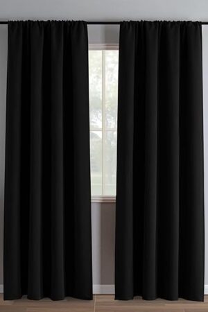 Black Blackout Curtains 84 Inch Length 2 Panels Set, Black Out Curtains for Bedroom 84 Inch Long, Rod Pocket Energy Saving Room Darkening Drapes for Living Room Window(W52 x L84)