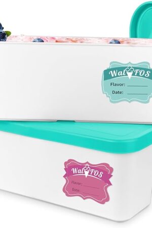 Walfos Ice Cream Containers - 1.6 Quart Each, Reusable Homemade Ice Cream Tubs with Silicone Lids, Stackable Freezer Storage Container for Yogurt, Sorbet, Gelato, Bonus 2 Bands, 12 Stickers, Set of 2