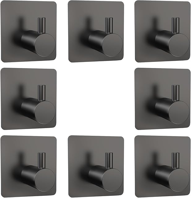 Adhesive Towel Hook 8Pack Matte Black, Modern Style Stainless Steel Wall Hooks Stick for Clothes, Hat, Towel Robe Hook Rack Wall Mount, Thicken Holder for Home Bathroom Kitchen