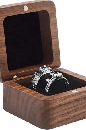 Wooden Ring Box for Wedding Ceremony 2 Slots,Small Square Solid Wood Double Ring Holder Case Box,Vintage Ring Bearer Box for Engagement Proposal,Rustic Jewelry Gift Storage Box-Black