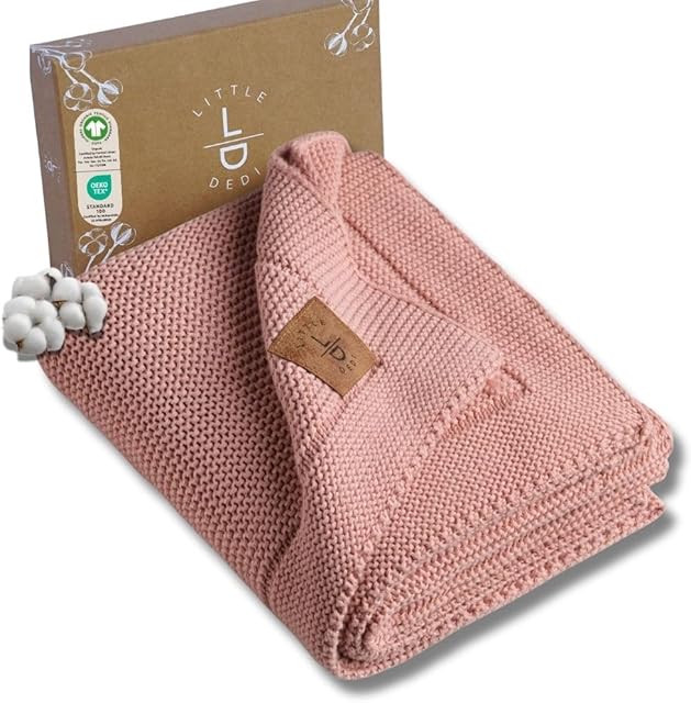 100% Organic Cotton Baby Knitted Blanket with Gift Box - Soft Toddler, Crib, Stroller Blanket - Neutral Swaddle and Receiving Blanket for Newborns, 30"x40", Pink