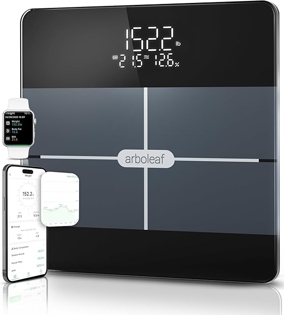 arboleaf Smart Scale for Body Weight, Body Fat Scale with BMI Muscle Mass, 3-in-1 LED Display, Bluetooth Accurate Weight Machine, Tracks 14 Body Metrics via App, Sturdy Tempered Glass, 400lb