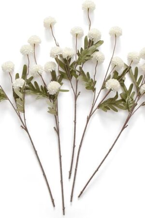 Artificial Kiku Flower White - 5 Pcs Fake Pompon Mums Silk Small Chrysanthemum Faux Ball Fall Flower Stem Decor for Autumn Wedding Filler DIY Bouquet Centerpieces Arrangements Shower
