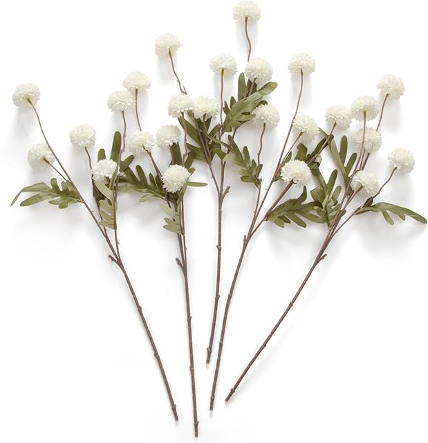 Artificial Kiku Flower White - 5 Pcs Fake Pompon Mums Silk Small Chrysanthemum Faux Ball Fall Flower Stem Decor for Autumn Wedding Filler DIY Bouquet Centerpieces Arrangements Shower