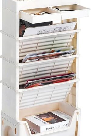 AGTEK 5 Tier Rolling Utility Cart, Book Cart with Wheels, Office Book Carts with Divided Top Shelf for Organizing Books and Supplies in Home, Office, Classroom, White