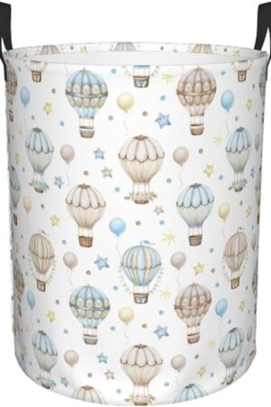 Watercolor Hot Air Balloon Round Laundry Hamper Storage Basket Toys Clothes Organizer Bin For Home Bathroom Bedroom Dorm Nursery, 38l